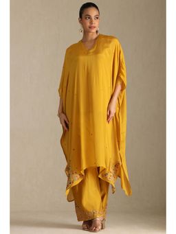 Soch - Women Mustard Embroidered Kaftan with Inner and Pant (Set of 3)