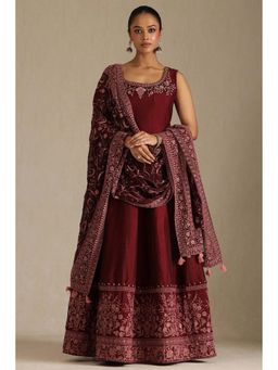 Soch - Women Maroon Embroidered Anarkali Kurta with Dupatta (Set of 2)