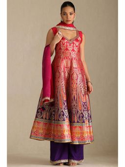 Soch - Women Red Woven Anarkali Kurta with Palazzo and Dupatta (Set of 3)