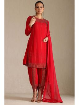 Soch - Women Red Embellished Kurta with Dhoti and Dupatta (Set of 3)