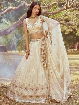 Panchhi - Coral Hand Work Semi-Stitched Lehenga Choli with Waist Belt and Dupatta (Set of 4)