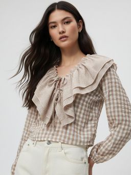 Outzidr - Beige Ruffle Neckline Checkered Top