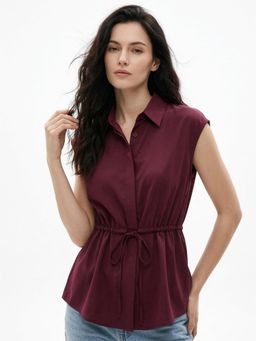 Outzidr - Wine Waist Detail Collared Top