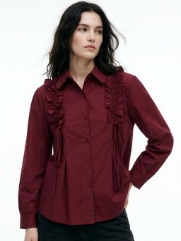 Outzidr - Maroon Ruffle Detail Collared Shirt