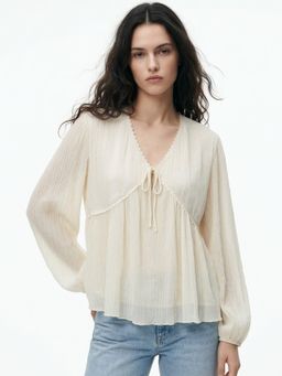 Outzidr - Beige Empire Waist Line Lace Detail Sheer Top