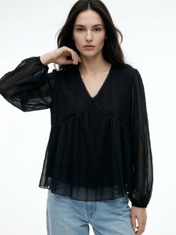 Outzidr - Black Empire Waist Line Lace Detail Sheer Top