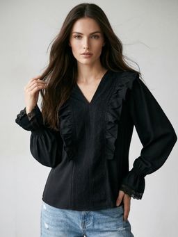 Outzidr - Black Ruffle Detail V Neck Top