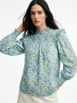 Outzidr - Blue Mock Neck Floral Printed Top