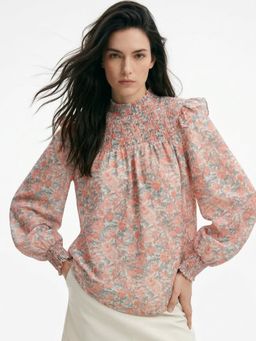 Outzidr - Pink Mock Neck Floral Printed Top