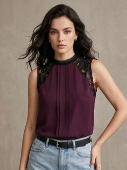 Outzidr - Wine Lace Sleeve Detail Top