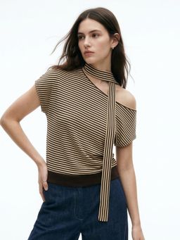 Outzidr - Brown One Shoulder Neck Wrap Top