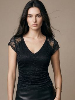 Outzidr - Black Lace Sleeve V Neck Top