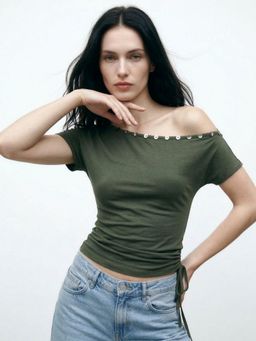 Outzidr - Olive One Shoulder Button Trim Top