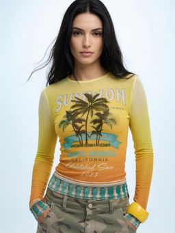 Outzidr - Yellow Printed Full Sleeved Mesh Top