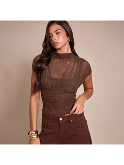 Outzidr - Brown Short Sleeve Mesh Top