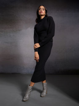RSVP by Nykaa Fashion - Black High Neck Sweater Midi Straight Skirt Co-Ord (Set of 2)