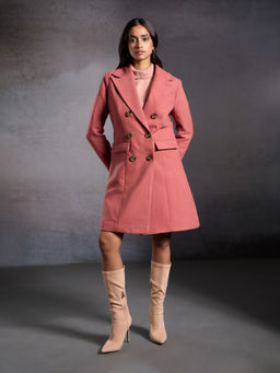 RSVP by Nykaa Fashion - Onion Pink Solid Lapel Collar Slim Fit Longline Overcoat