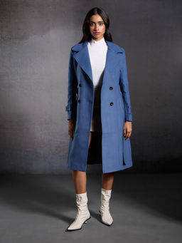 RSVP by Nykaa Fashion - Blue Solid Wide Lapel Collar Longline Overcoat With Belt (Set of 2)