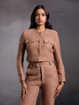 RSVP by Nykaa Fashion - Beige Round Neck Full Sleeves Crop Tweed Jacket