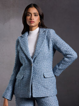 RSVP by Nykaa Fashion - Ice Blue Solid Lapel Collar Single Breasted Tweed Blazer
