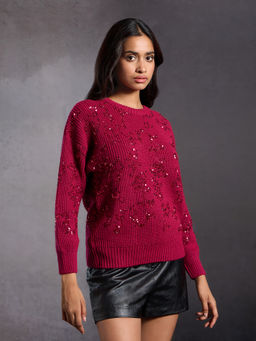 RSVP by Nykaa Fashion - Magenta Sequin Crew Neck Full Sleeves Sweater