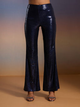 RSVP by Nykaa Fashion - Midnight Blue Sequined High Waist Fit And Flare Pants