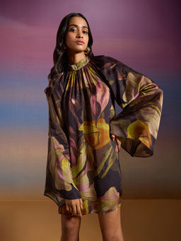 RSVP by Nykaa Fashion - Multicolor Satin Floral Print Band Collar Flared Short Dress