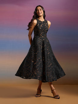 RSVP by Nykaa Fashion - Black Floral Jacquard Round Neck Strappy Fit And Flare Midi Dress