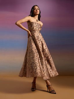 RSVP by Nykaa Fashion - Brown Floral Jacquard Fit And Flare Tube Midi Dress