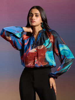 RSVP by Nykaa Fashion - Multicolor Satin Floral Print Band Collar Raglan Sleeves Top