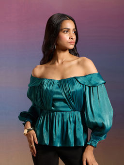 RSVP by Nykaa Fashion - Bottle Green Solid Off Shoulder Puff Sleeves Peplum Top