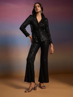 RSVP by Nykaa Fashion - Black Embellished Lapel Collar Blazer Fit And Flare Pants (Set of 3)