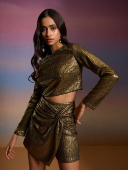 RSVP by Nykaa Fashion - Gold Metallic Finish Round Neck Crop Top Skort Set (Set of 2)