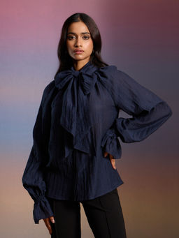 RSVP by Nykaa Fashion - Navy Blue Solid Gathered High Neck Bishop Sleeves Ruffled Shirt