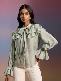 RSVP by Nykaa Fashion - Green Solid Bishop Sleeves Tie Up Ruffled Shirt