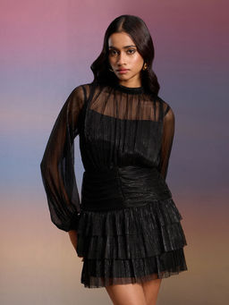 RSVP by Nykaa Fashion - Black Pleated Textured High Neck Full Bishop Sleeves Tiered Mini Dress