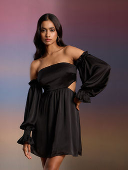 RSVP by Nykaa Fashion - Black Solid Off Shoulder Full Bishop Sleeve Fit and Flare Mini Dress