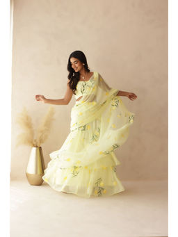 DEASHA INDIA - Eshanya Yellow Hand Painted Pre-Draped Saree with Stitched Blouse