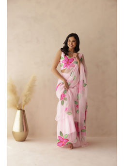 DEASHA INDIA - Yuvika Pink Hand Painted Pre-Draped Saree with Stitched Blouse