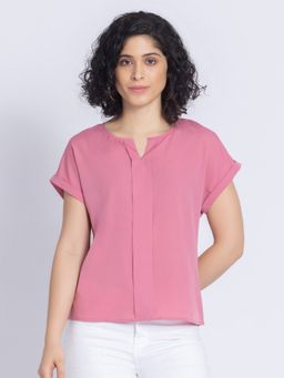 SHAYE - Round Neck Pink Solid Short Sleeves Casual Top