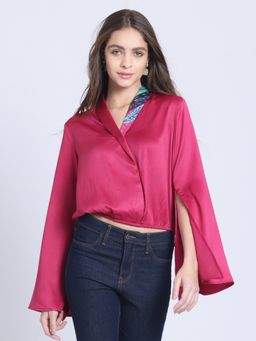SHAYE - Shawl Collar Pink Solid Long Sleeves Party Top