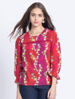 SHAYE - Round Neck Pink Floral Print Casual Top