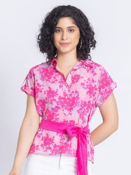 SHAYE - Spread Collar Fuchsia Floral Print Short Sleeves Casual Top with Belt (Set of 2)