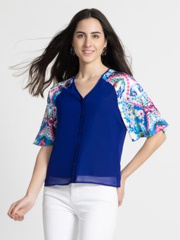 SHAYE - V-Neck Cobalt Blue Printed Short Sleeves Casual Top