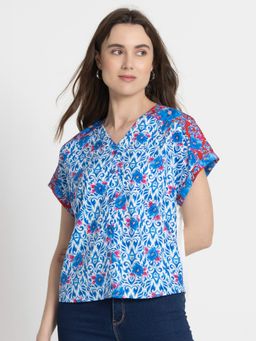 SHAYE - V-Neck Blue Indigo Print Short Drop Shoulder Sleeves Casual Top