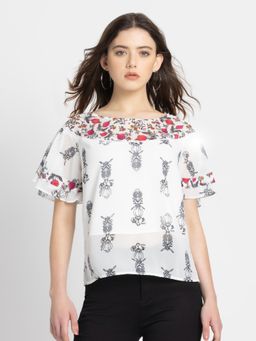 SHAYE - Boat Neck White Floral Print Short Sleeves Casual Top