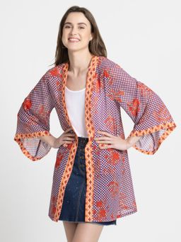 SHAYE - Women Purple Floral Print Flared Sleeves Casual Shrug