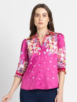 SHAYE - V-Neck Pink Floral Print Casual Top