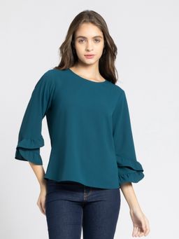 SHAYE - Round Neck Teal Solid Casual Top