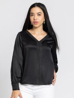 SHAYE - V-Neck Black Embellished Full Sleeves Party Top